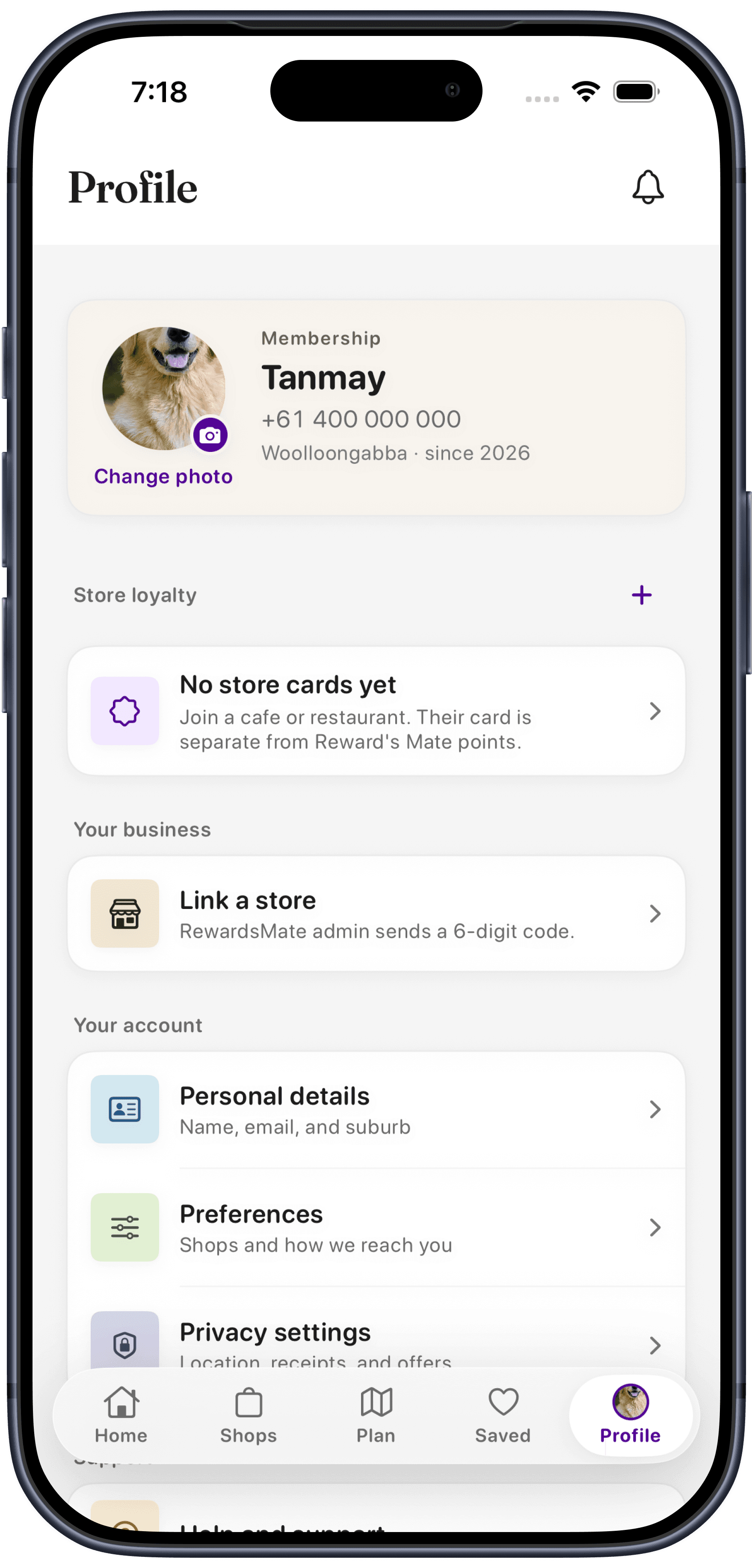 Reward's Mate Profile tab showing member details, an empty store loyalty section, a demo link-a-store row and account settings