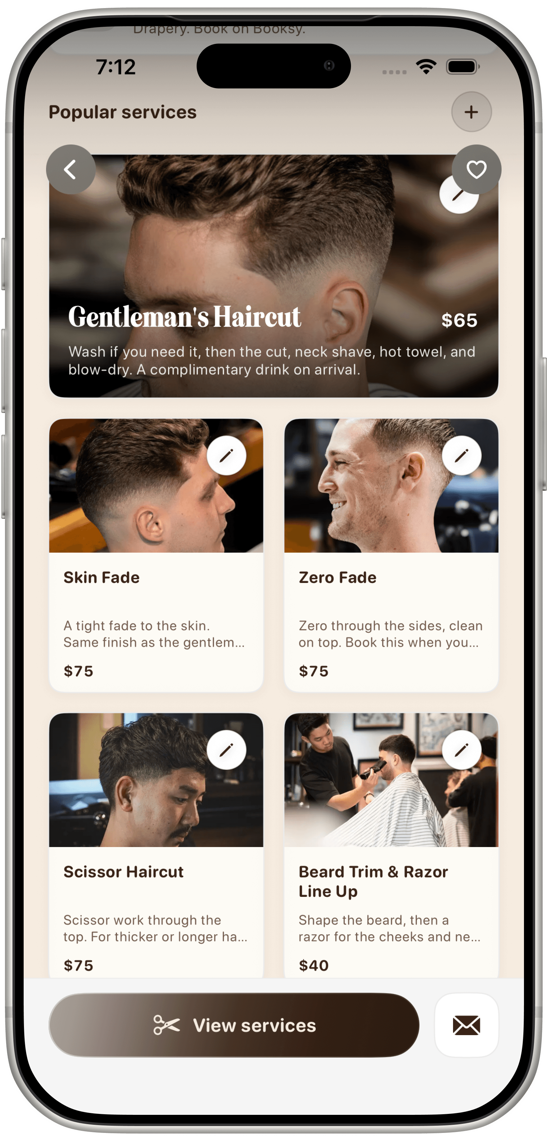 Reward's Mate demo of Peaky Barbers popular services with published prices and edit controls