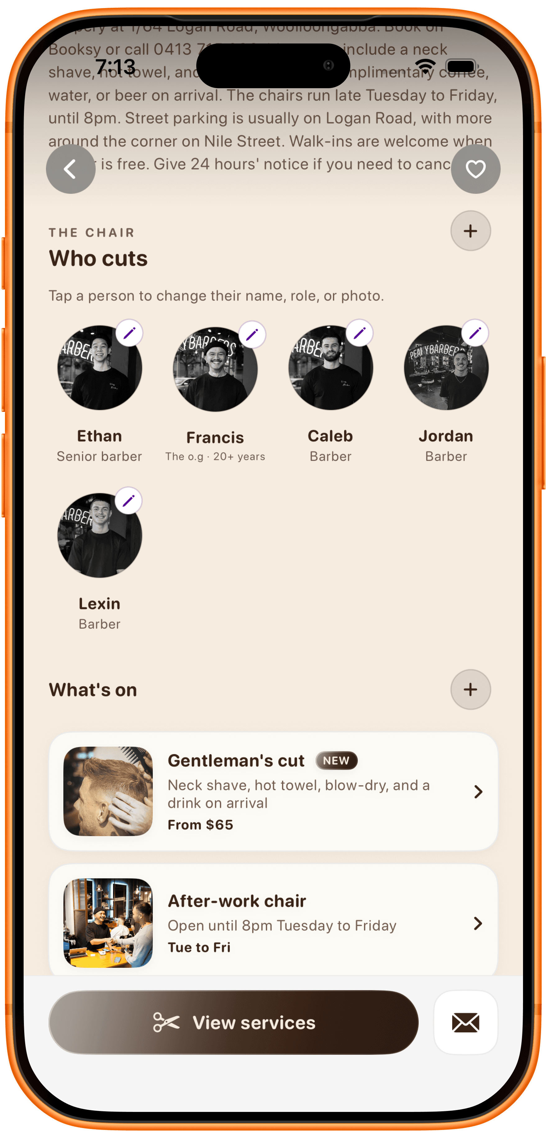 Reward's Mate demo of the Peaky Barbers team and What's on notes, with edit controls on each person