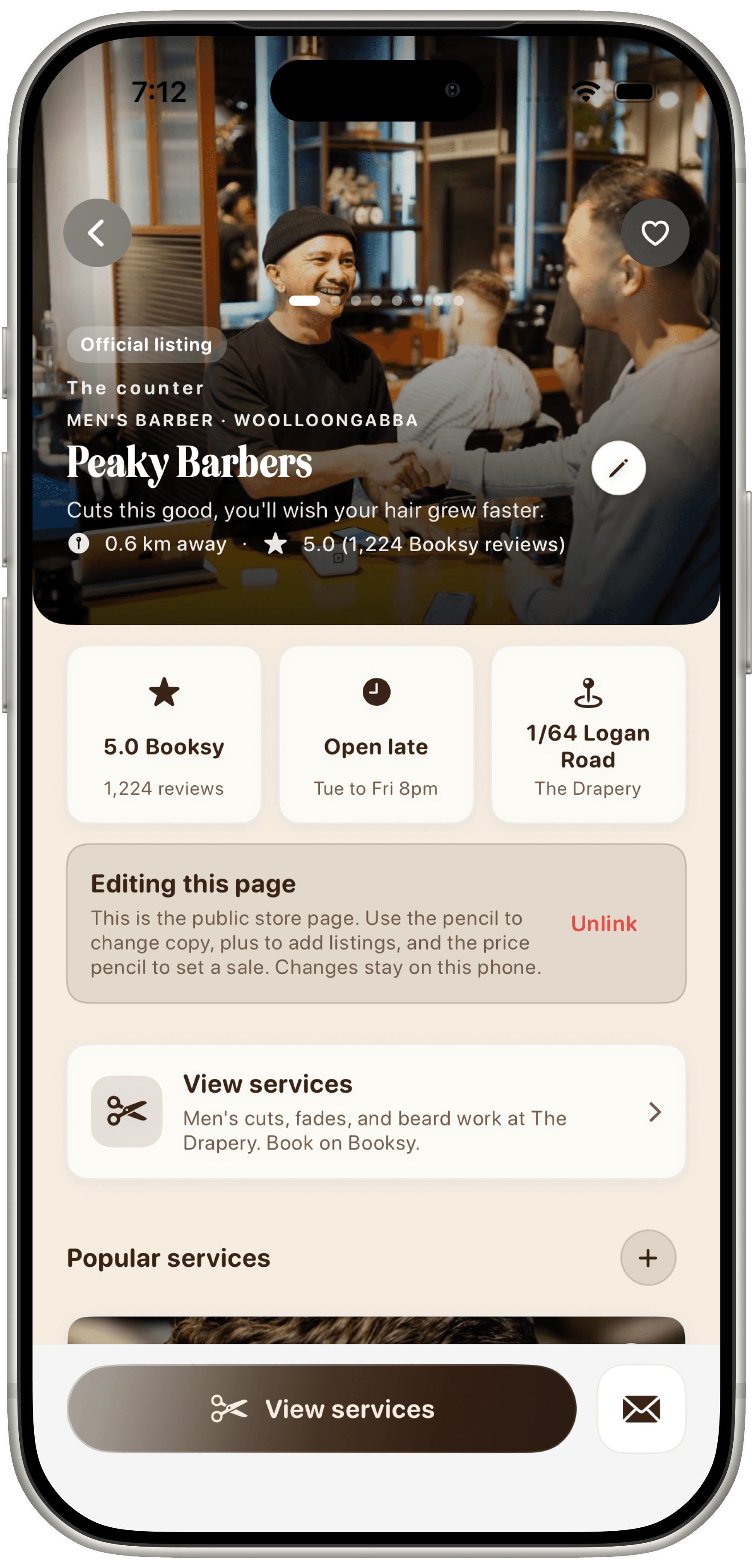 Reward's Mate demo of a linked Peaky Barbers page in edit mode, with copy, hours and services that can be changed on the phone
