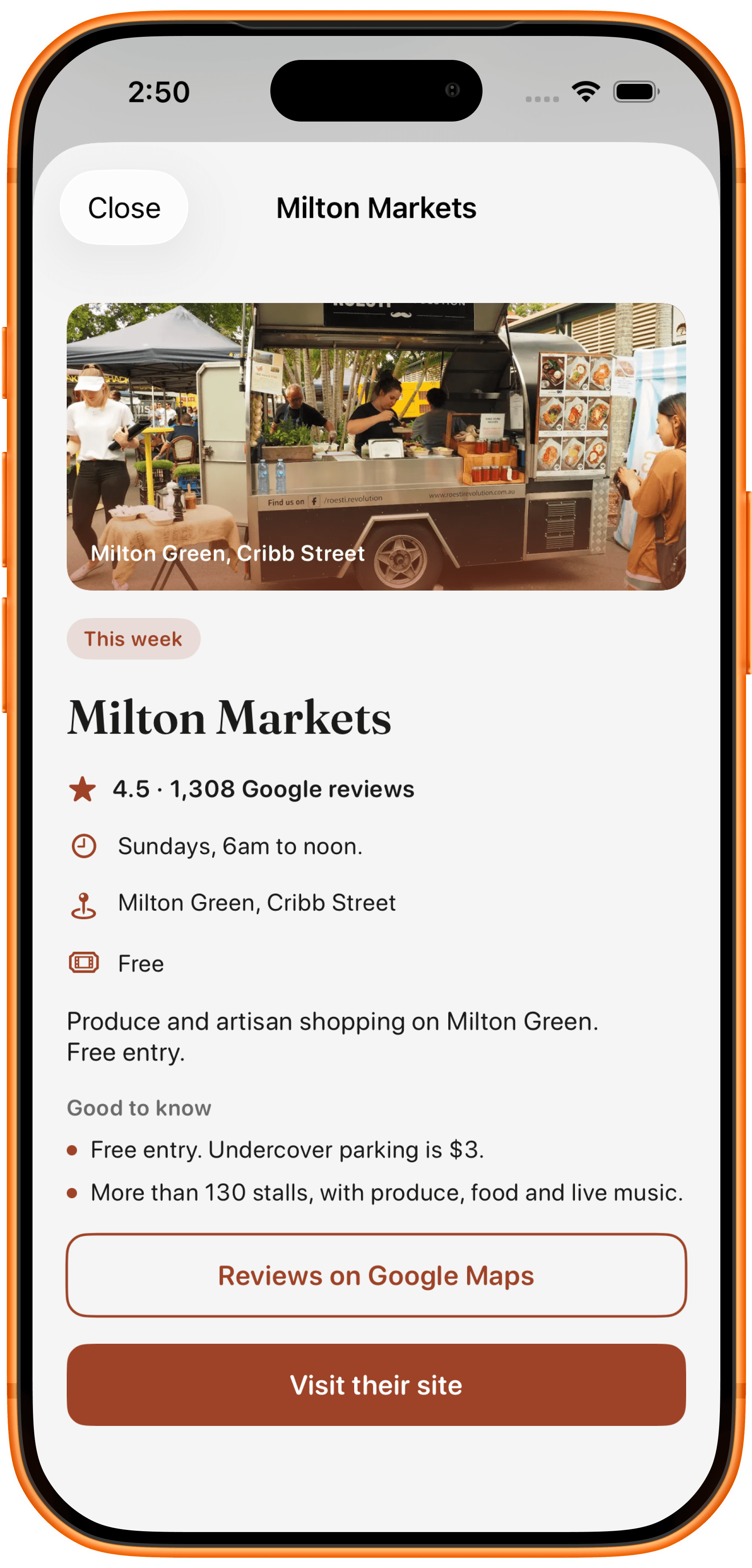 Reward's Mate listing for Milton Markets with hours, location and paths to Google Maps and the organiser site