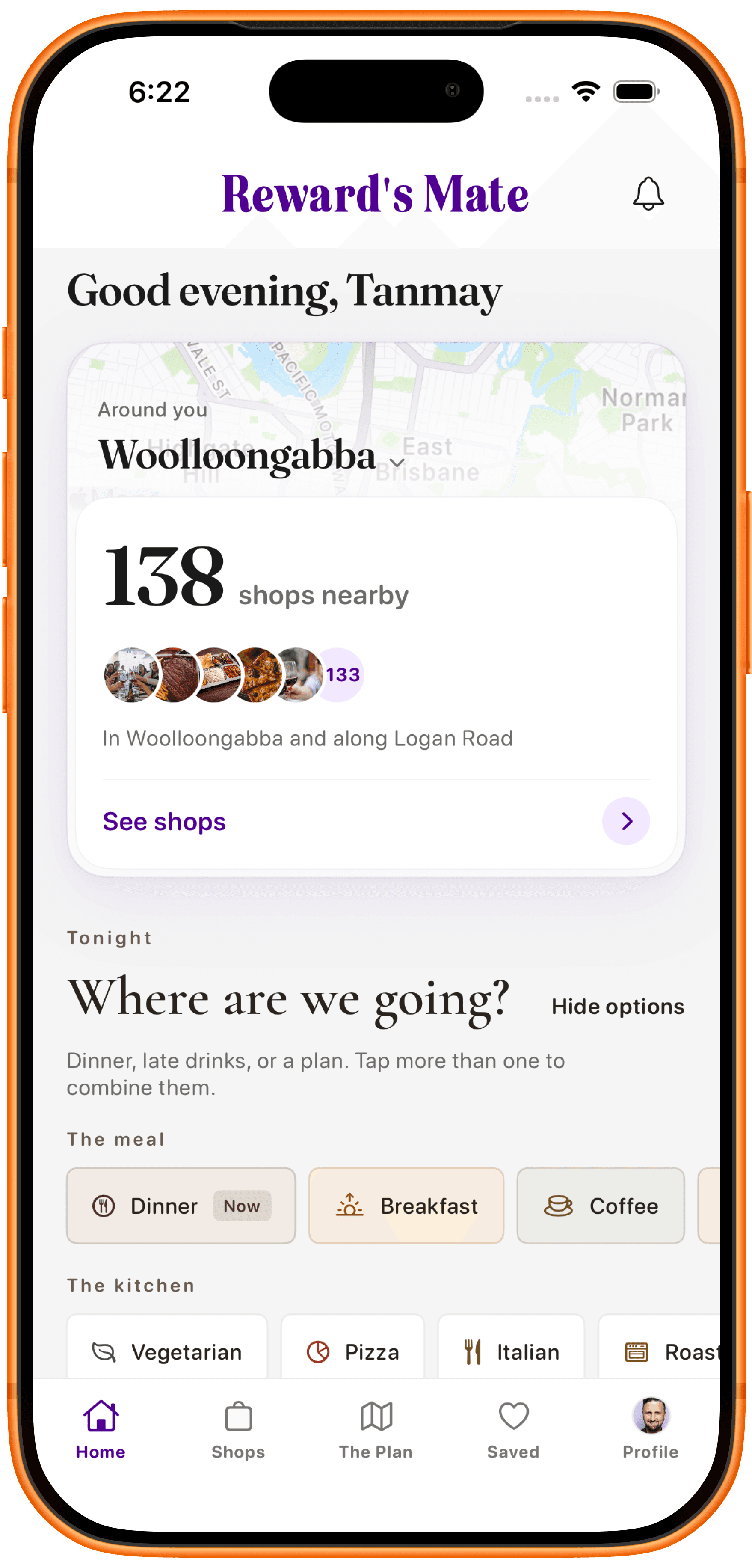 Reward's Mate home screen showing nearby shops around Woolloongabba and local mood suggestions