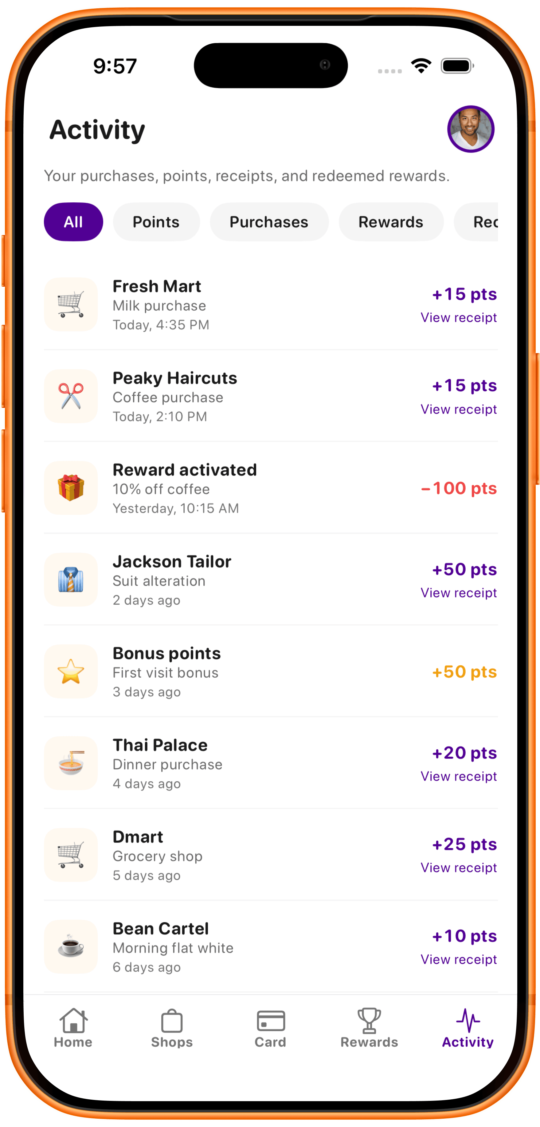 RewardsMate activity screen showing purchases, points earned, receipts and redeemed rewards