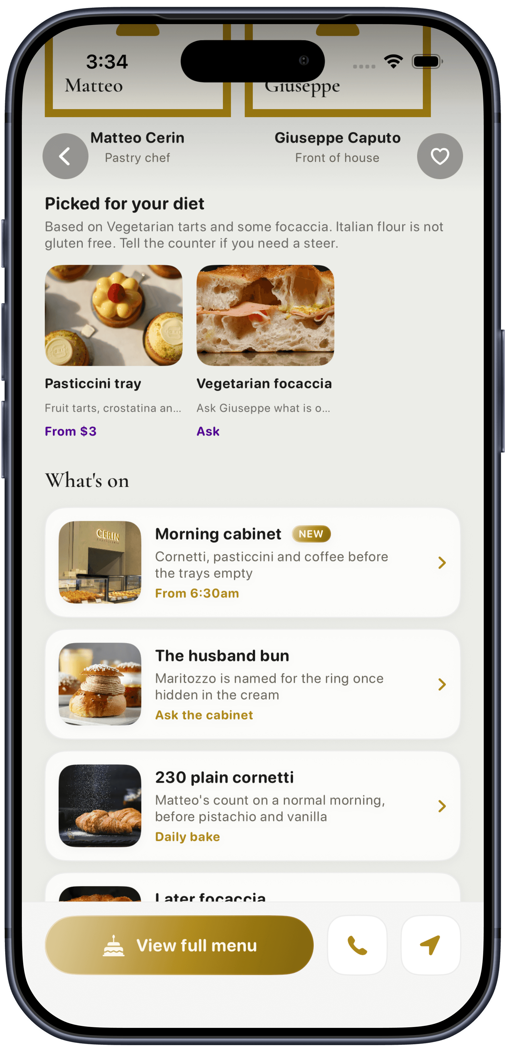 Reward's Mate Cerin Pasticceria listing showing diet picks, the morning cabinet and pastry highlights