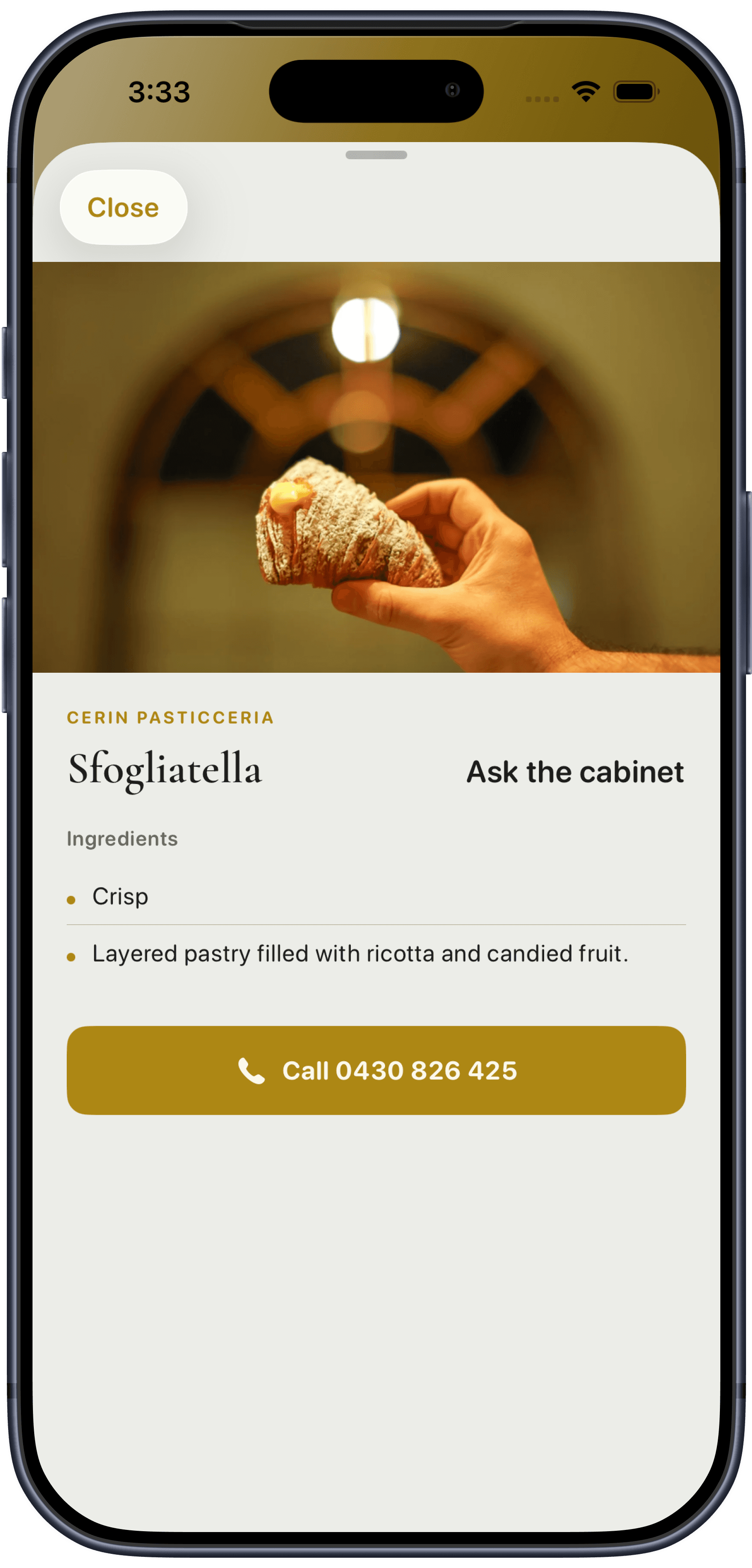 Reward's Mate Cerin Pasticceria item detail for sfogliatella, with ingredients and a call option