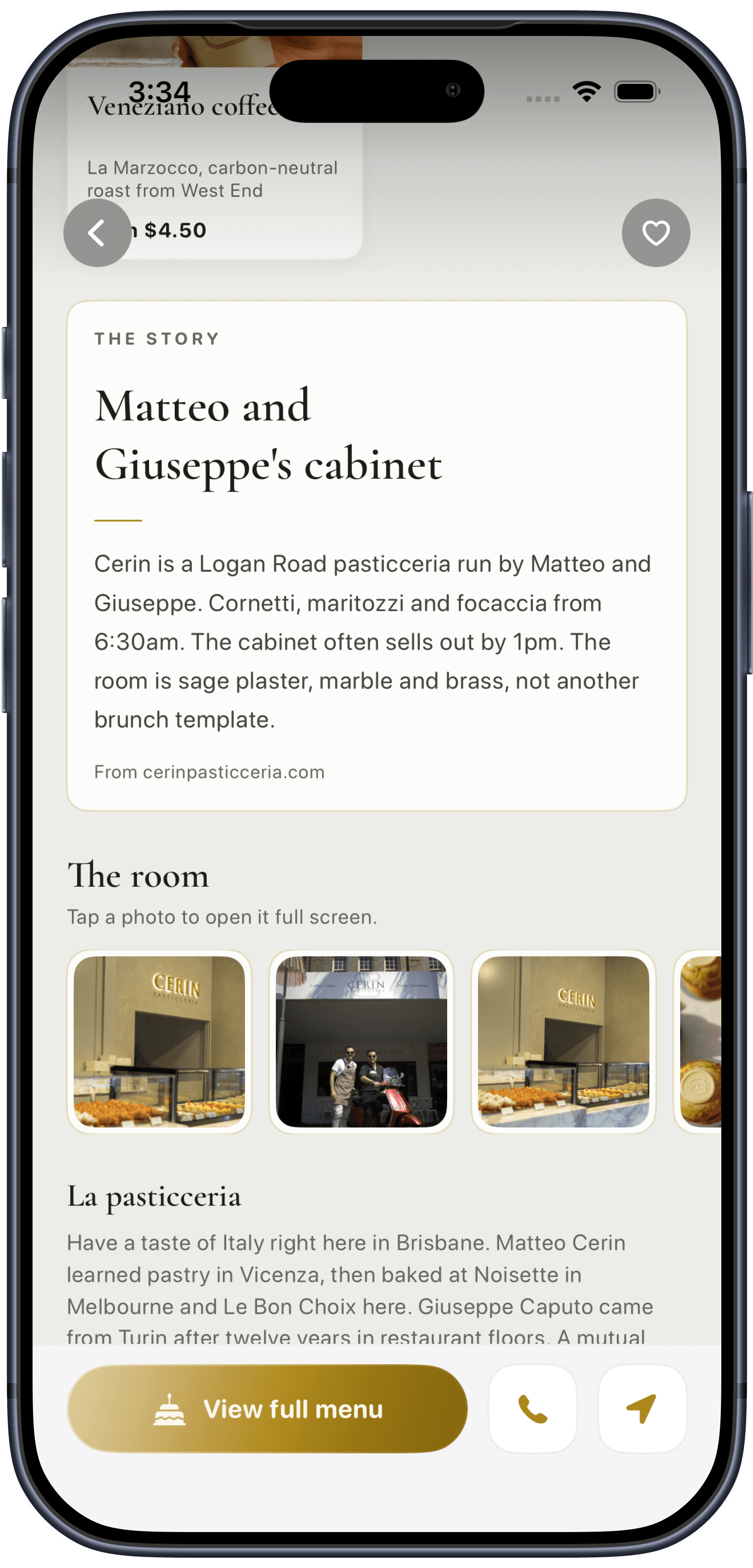 Reward's Mate Cerin Pasticceria story about Matteo and Giuseppe's cabinet, with photos of the Logan Road bakery