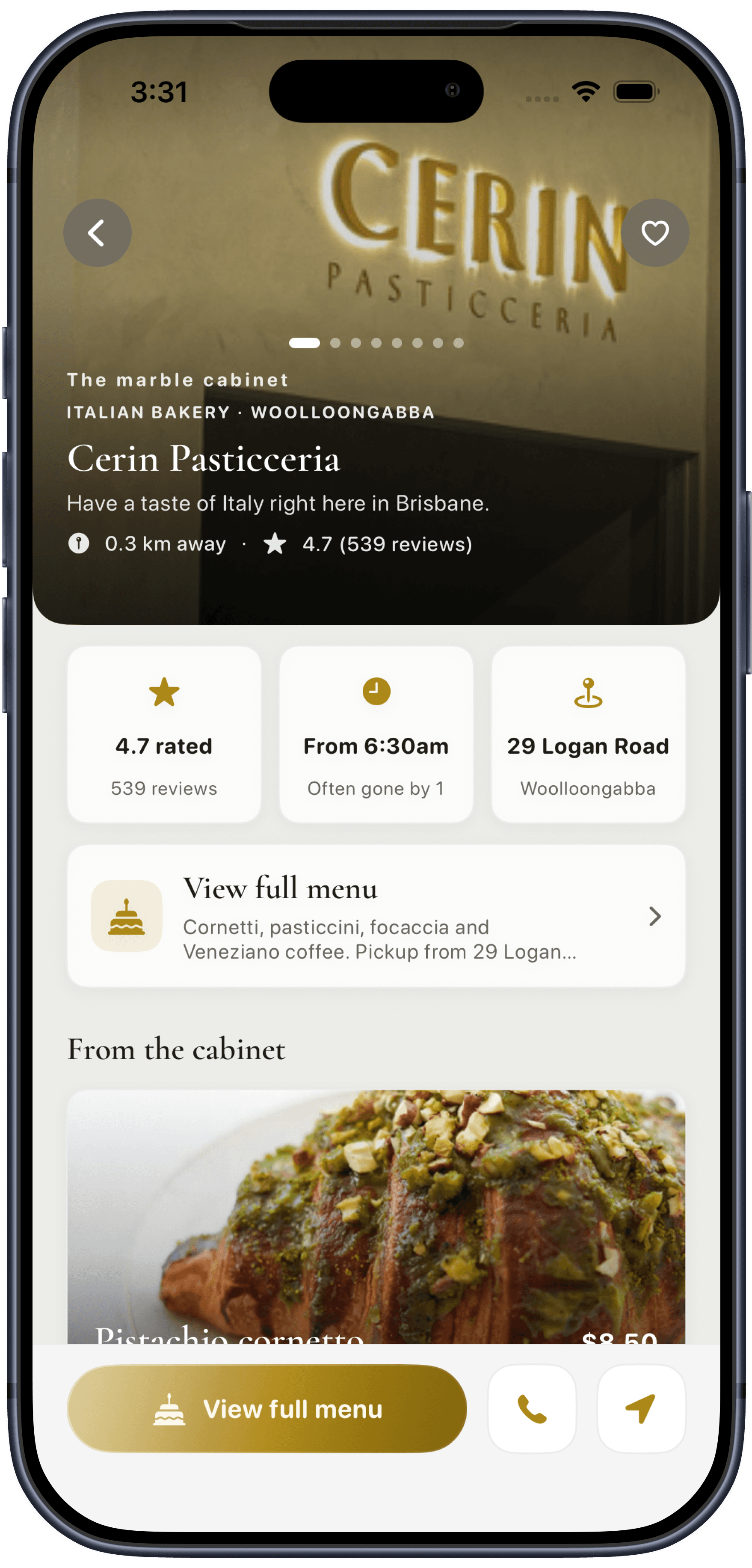 Reward's Mate profile for Cerin Pasticceria showing bakery hours, address and pastry highlights