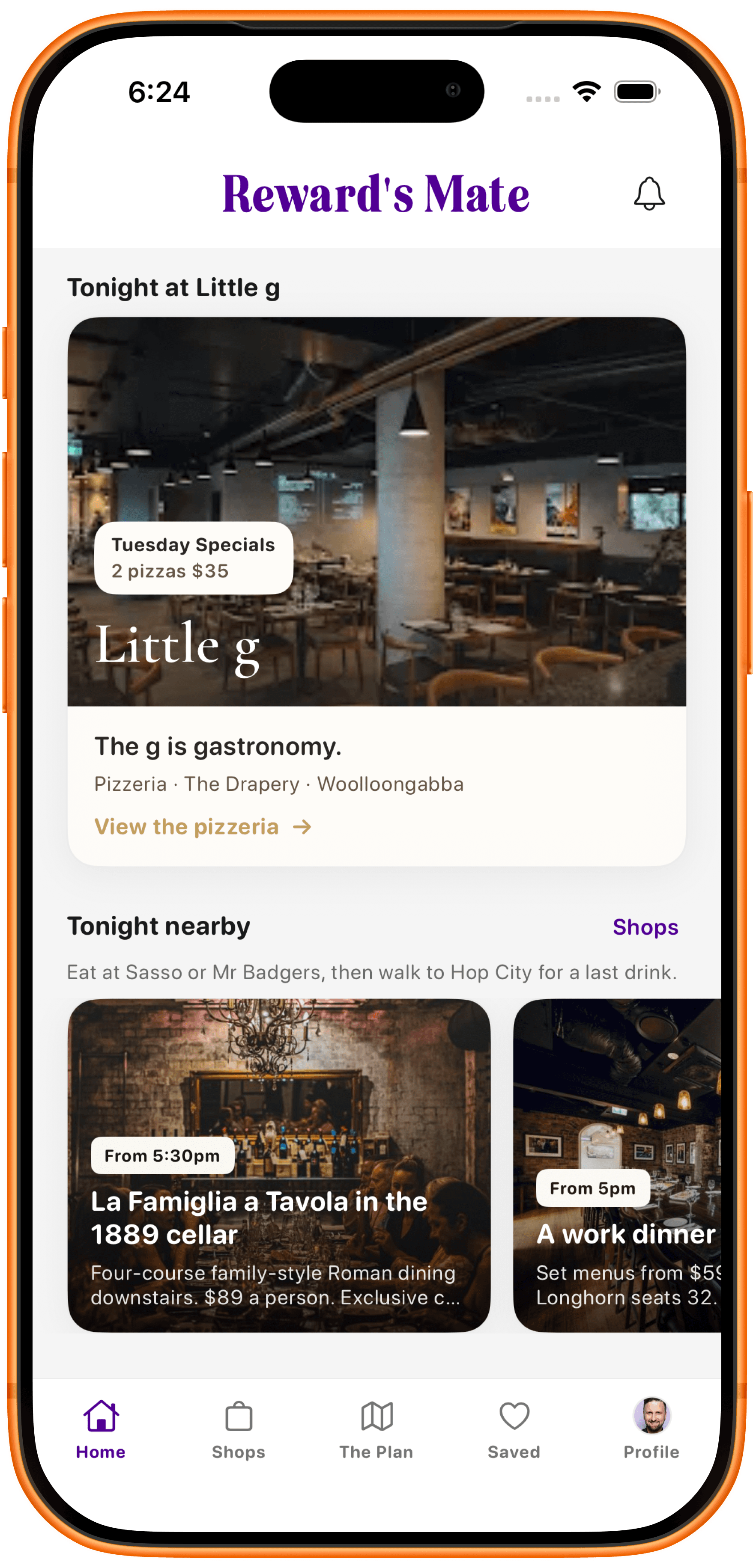 Reward's Mate home screen featuring Tonight at Little g and nearby dining ideas