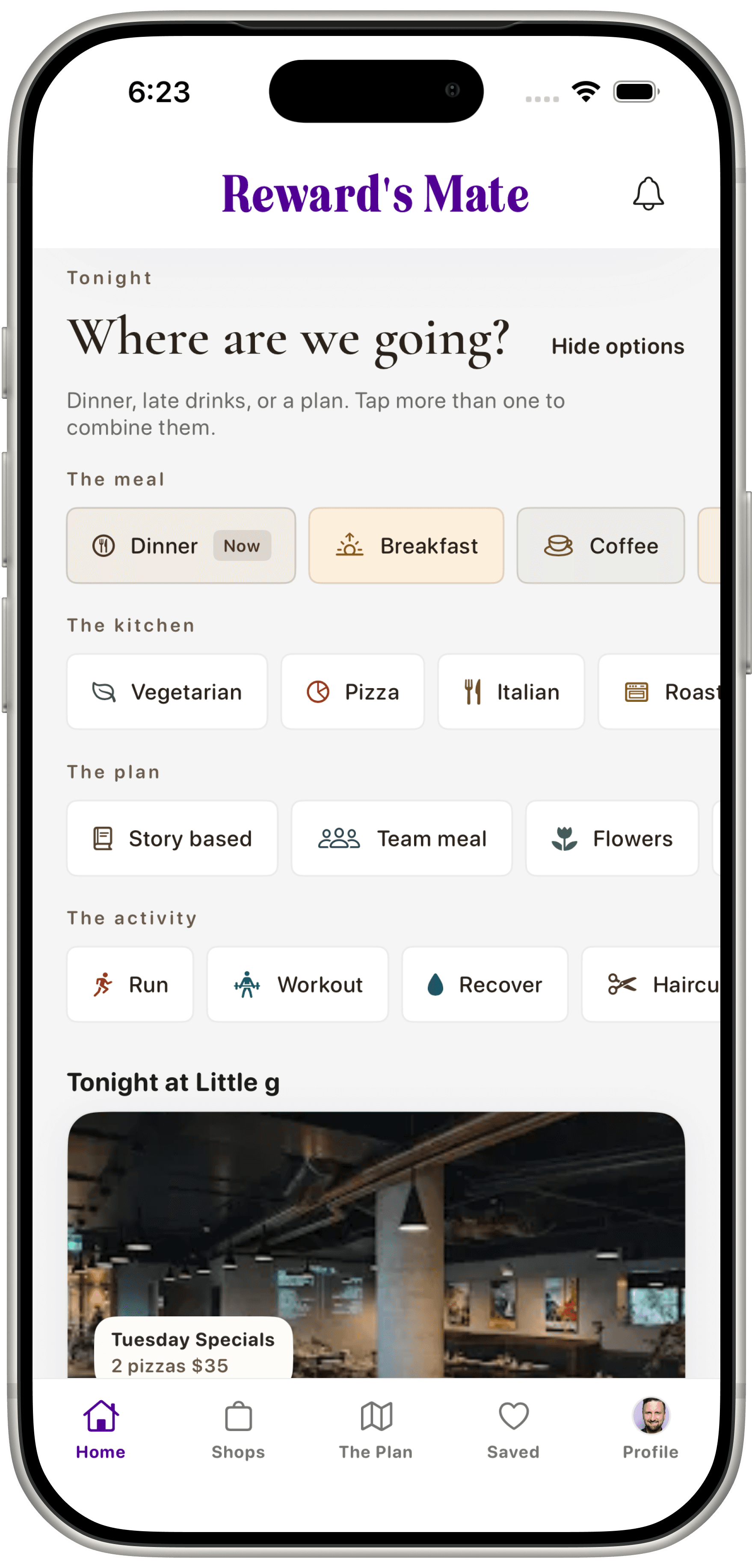 Reward's Mate home screen asking where we are going tonight, with meal, kitchen, plan and activity chips, plus Tonight at Little g