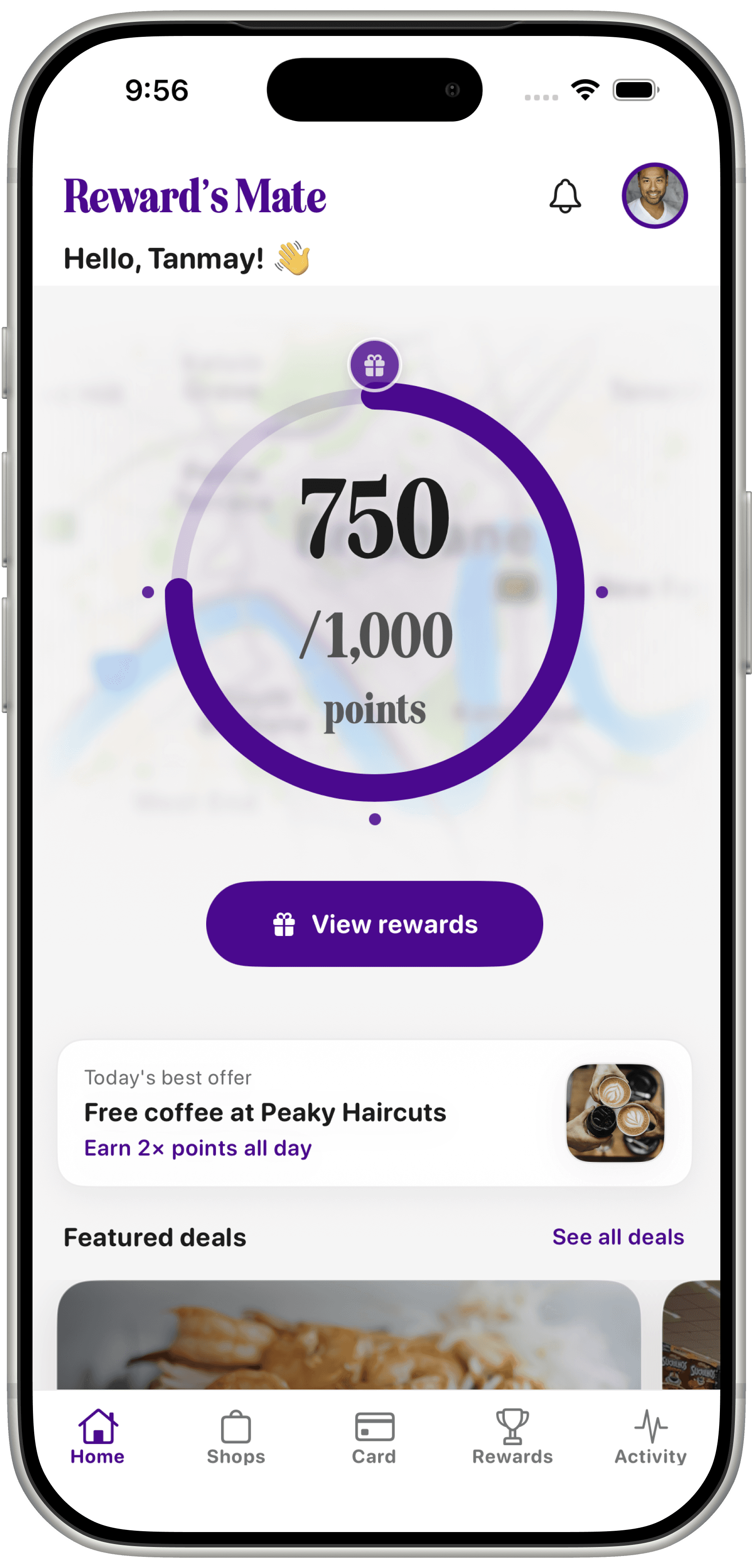RewardsMate home screen showing points balance, today's best offer, featured deals and flash offers