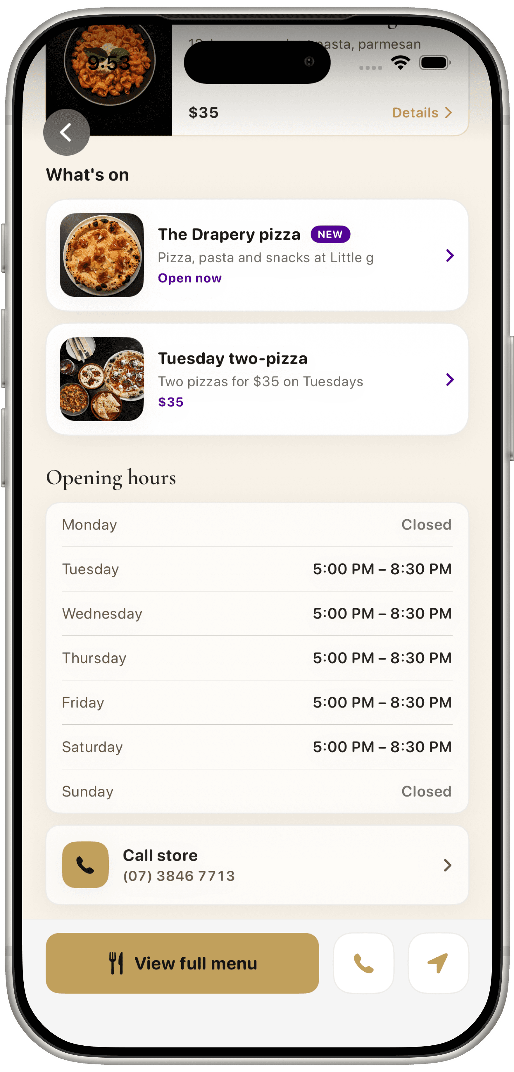Reward's Mate Little g listing showing opening hours, local updates and a call option