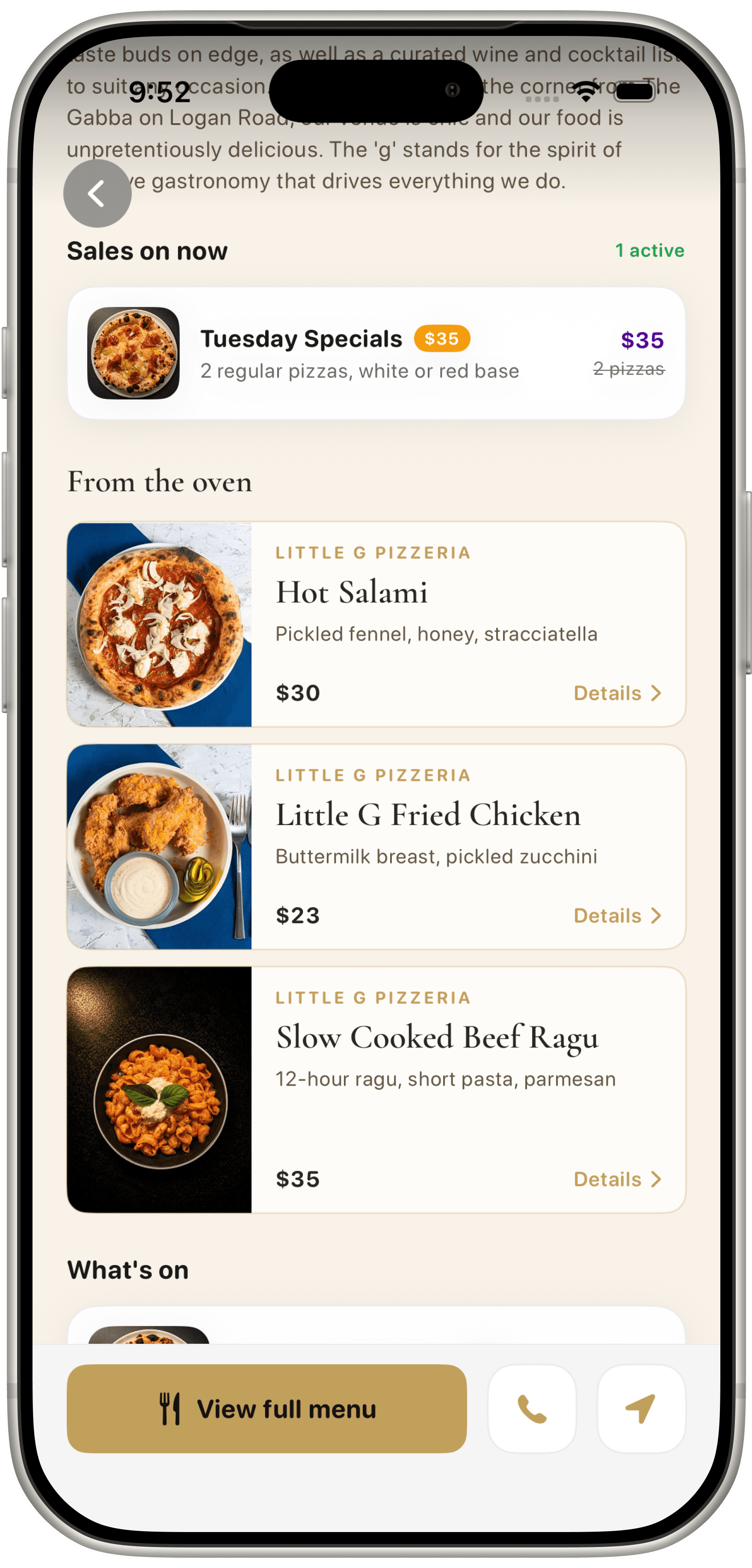 Reward's Mate menu highlights for Little g Pizzeria with dish photos, descriptions and prices