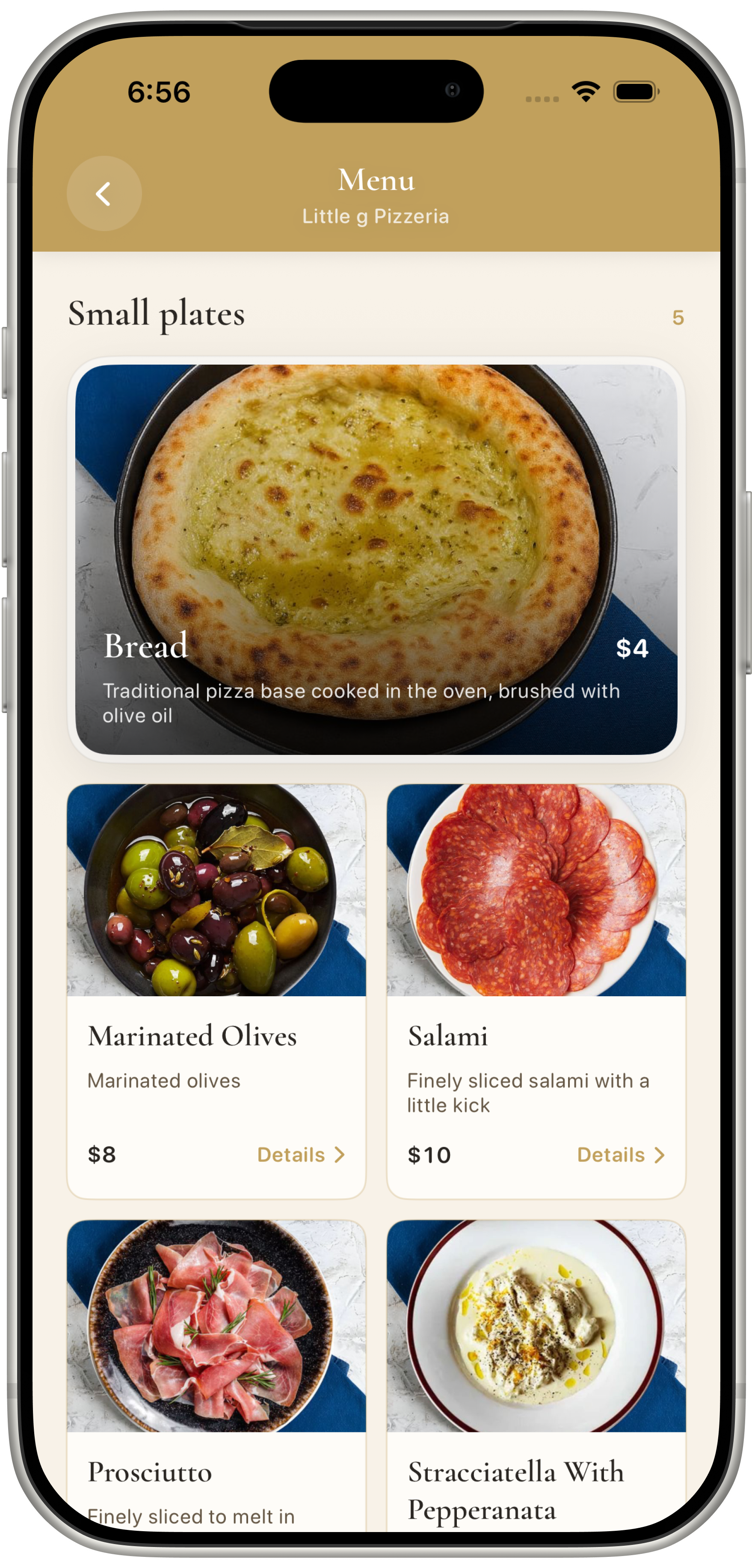Reward's Mate Little g menu showing small plates such as bread, olives, salami, prosciutto and stracciatella