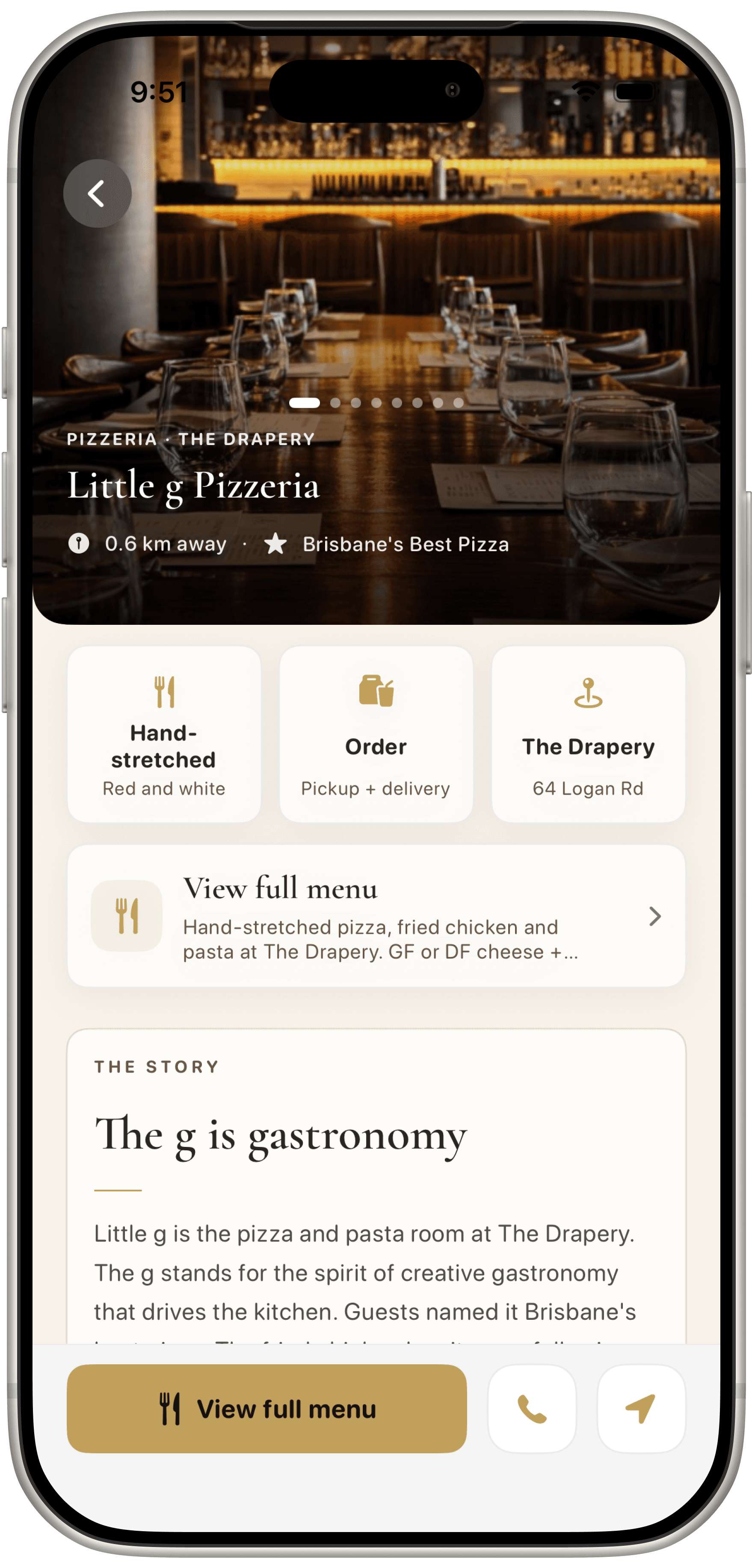 Reward's Mate profile for Little g Pizzeria showing photos, location and a path to the full menu