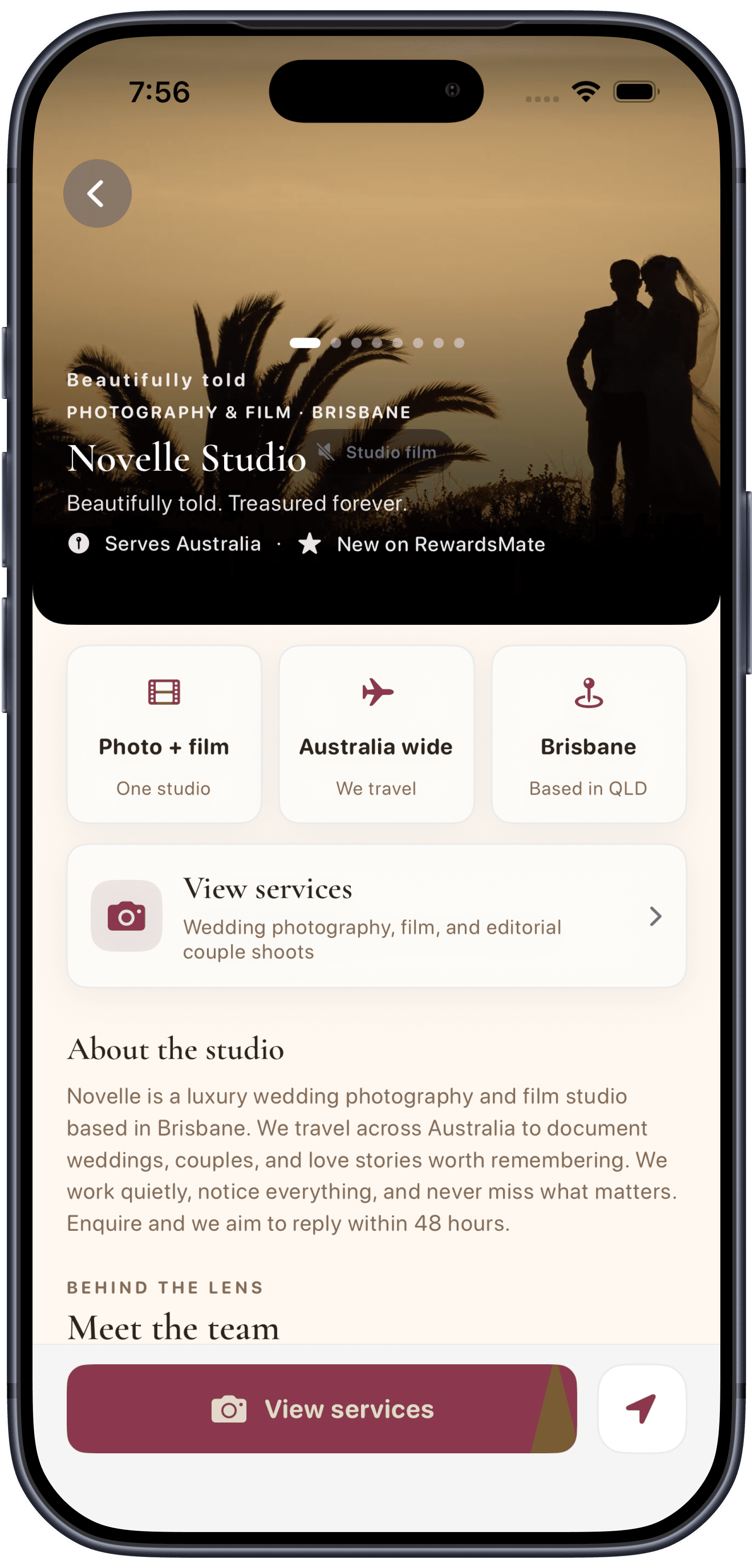 Reward's Mate profile for Novelle Studio showing photography and film services