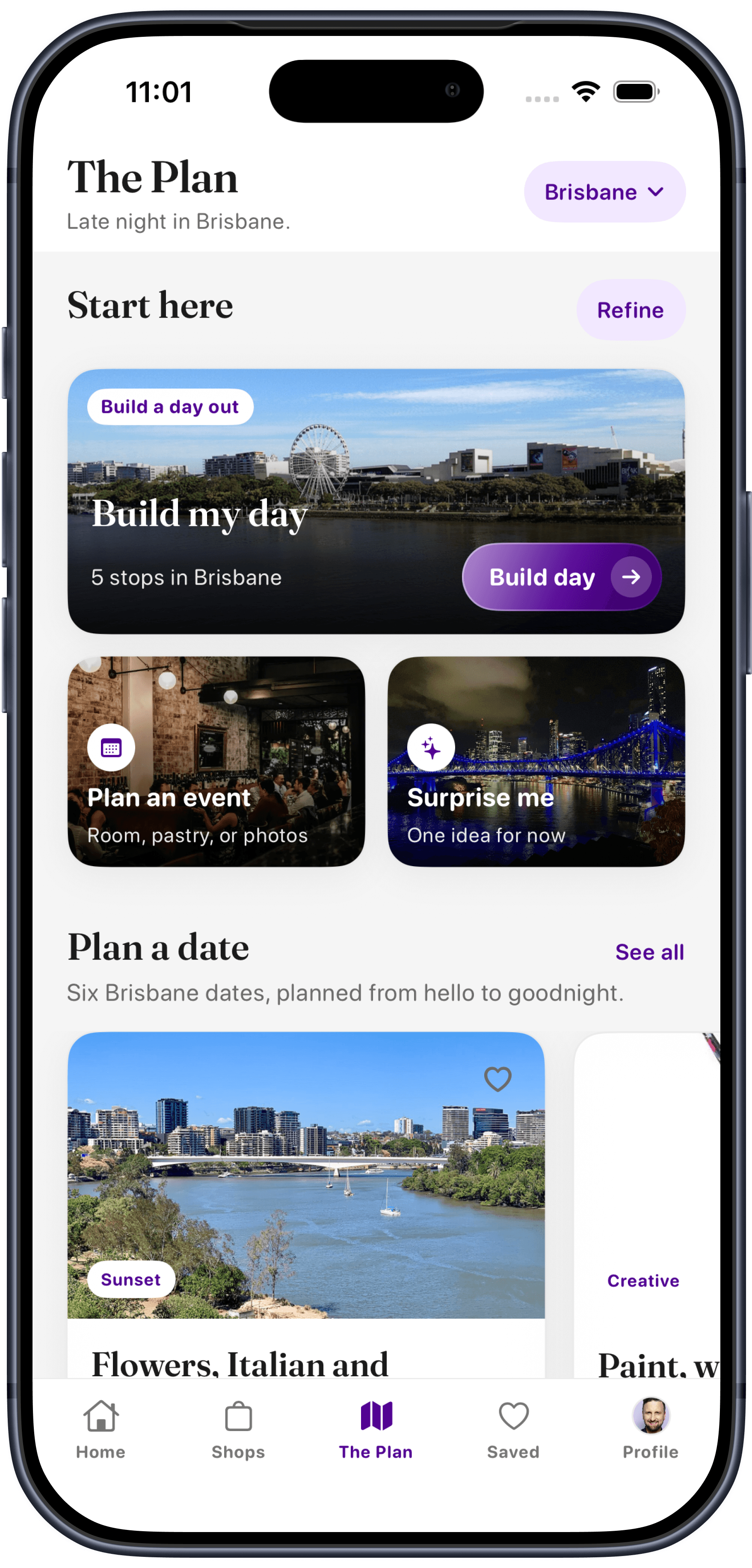 Reward's Mate The Plan tab for Brisbane, with Build my day, Surprise me, Plan an event and date ideas
