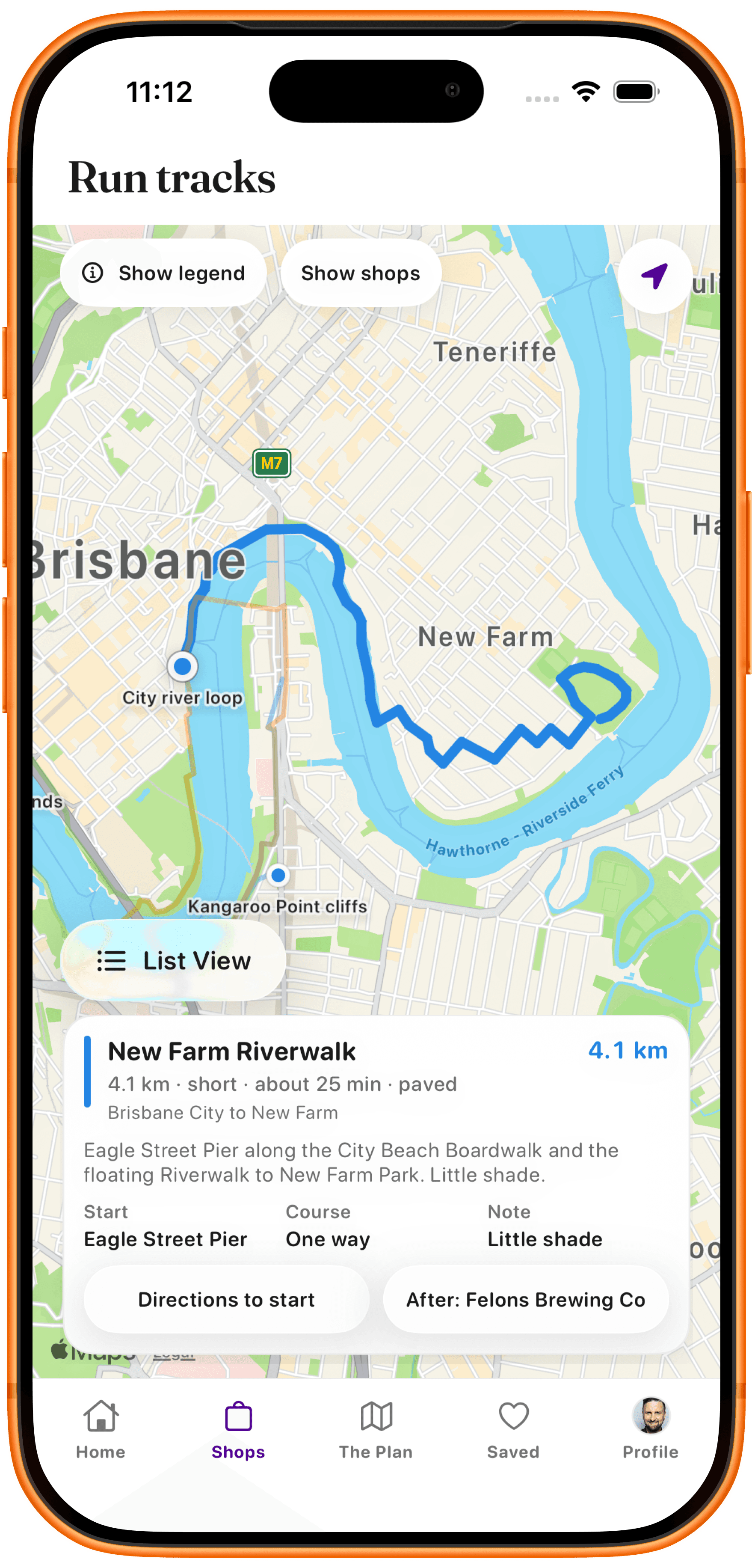 Reward's Mate run tracks map showing the New Farm river walk from Brisbane City, with distance and a path to nearby shops