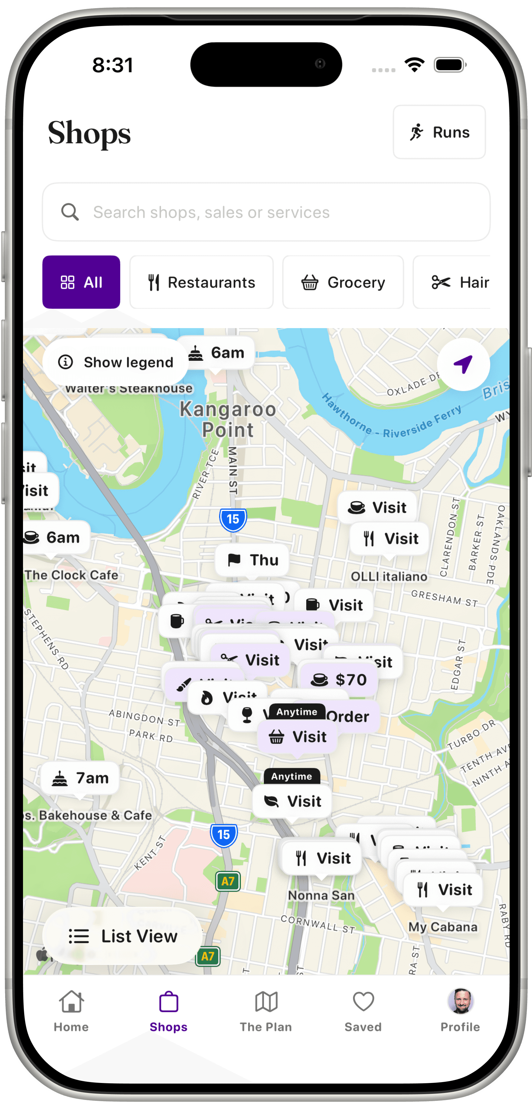 Reward's Mate map of nearby local businesses around Woolloongabba and inner Brisbane, with visit markers and a path back to the list