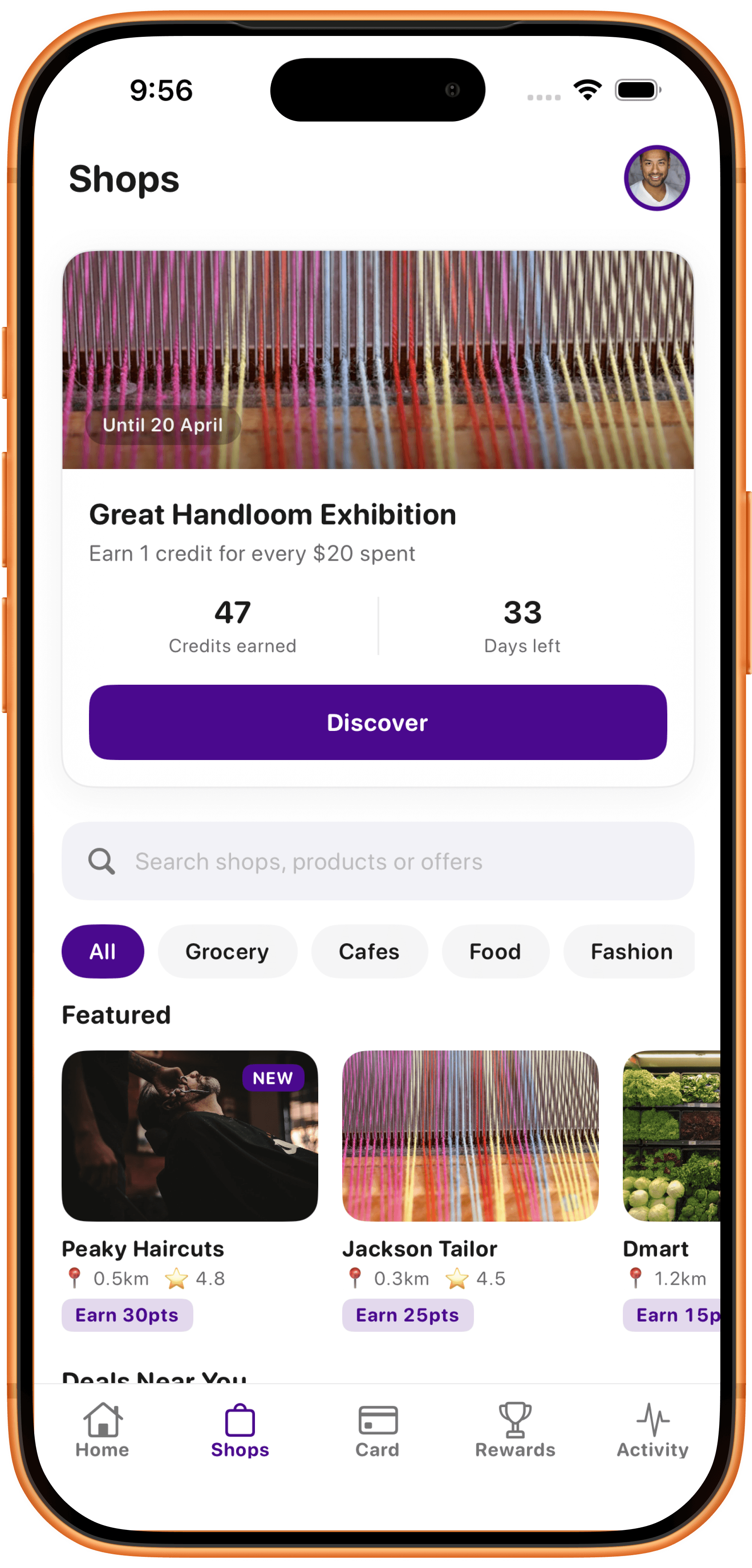 RewardsMate shops screen showing local store discovery, search and featured stores