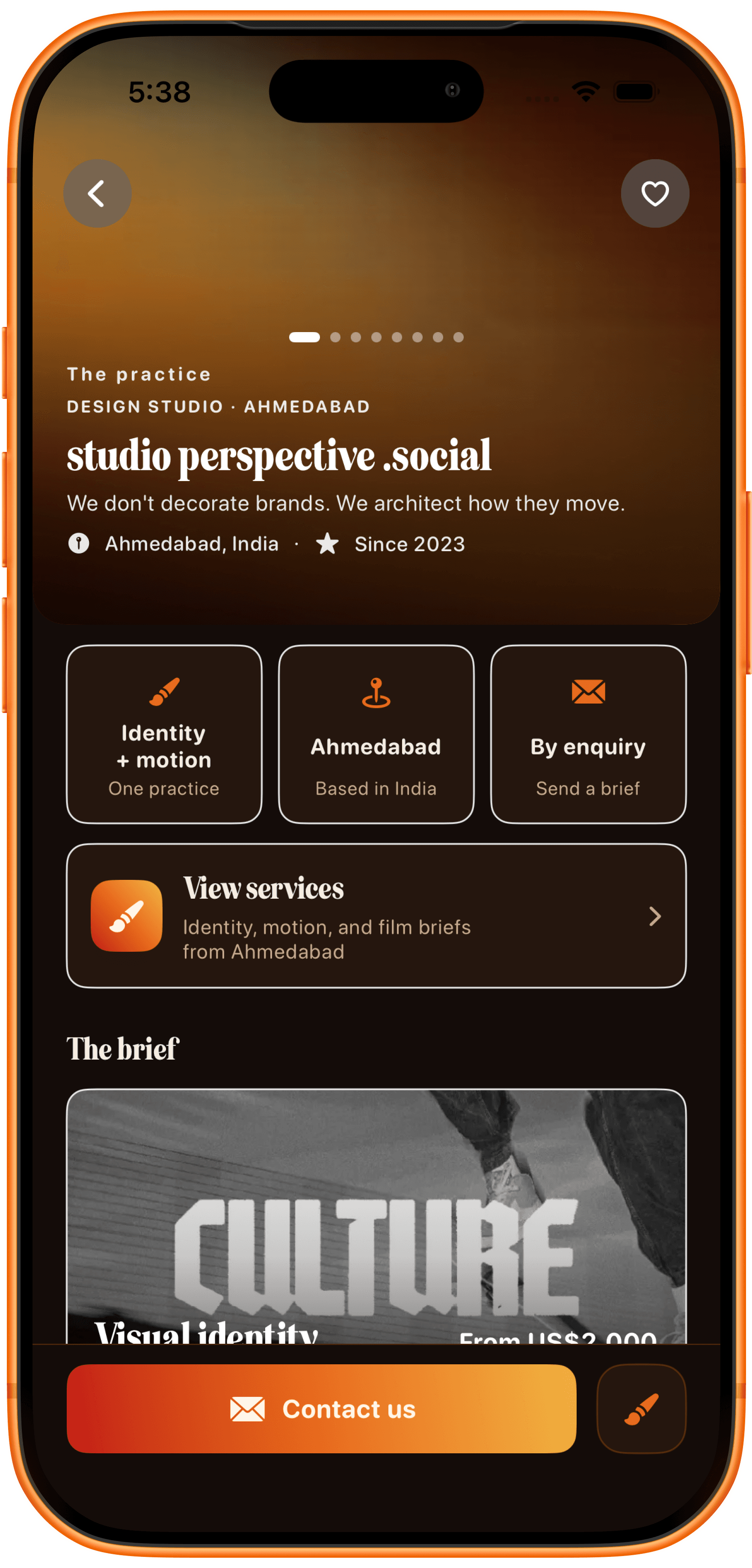 Reward's Mate profile for studio perspective.social showing identity, motion and film services